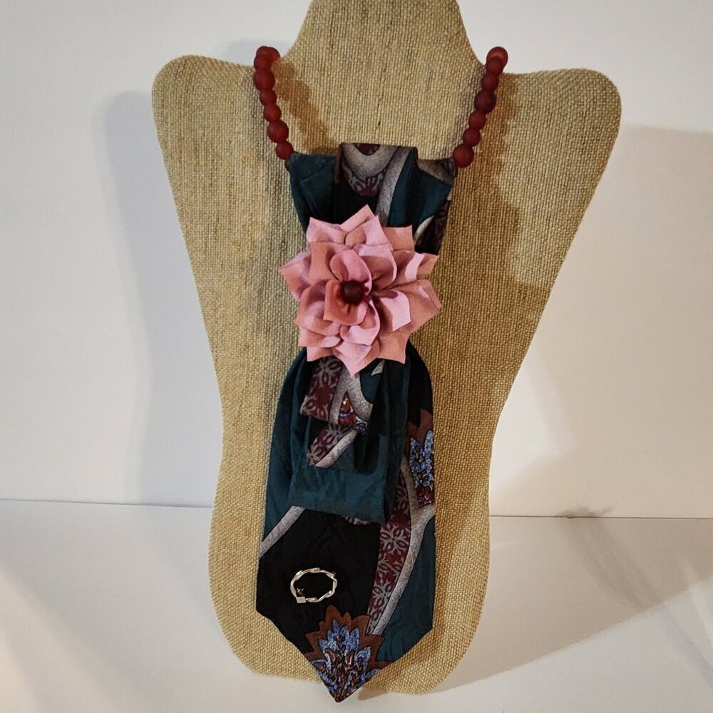 Hand Crafted Upcycled Tie Necklace with Floral Center and Beaded Necklace Pink
